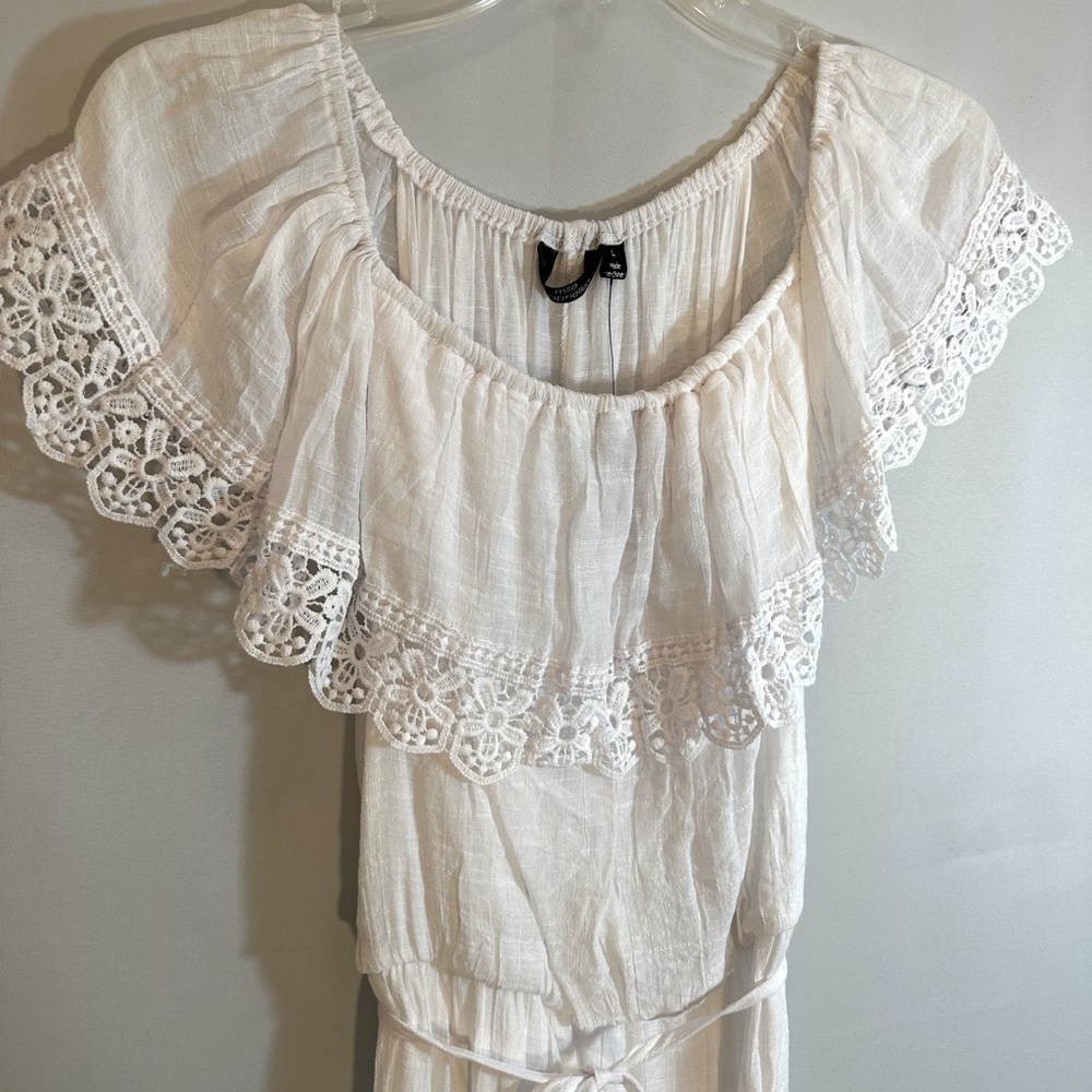 Mille Gabrielle Off The Shoulder Lace Trim Maxi White Dress Belt Lined Size L - Picture 6 of 13